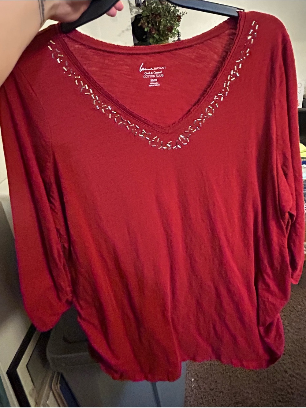 Lane Bryant Red V-Neck Long Sleeve Tee with Neckline Accents